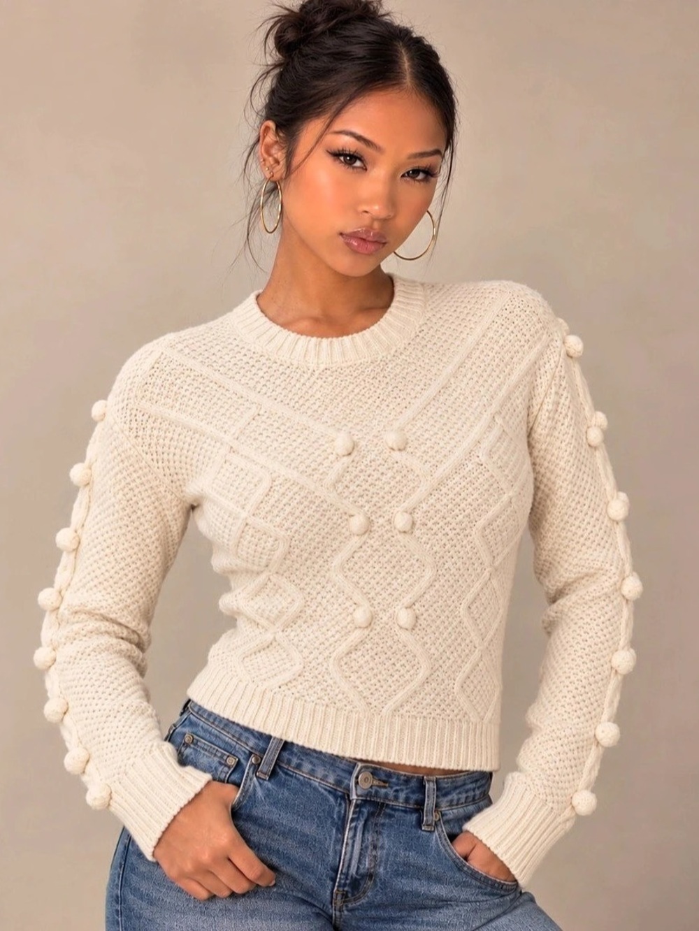 Dillard’s Ivory Cable Knit Pom Pom Sweater | XS | Coquette Winter Aesthetic 🤍